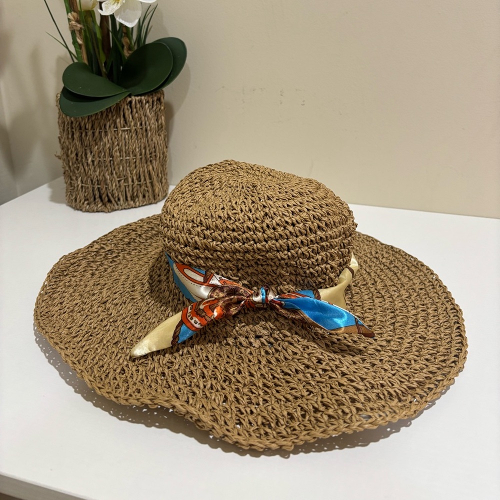 Woven Straw Sun Hat with Printed Scarf Accent - Brown